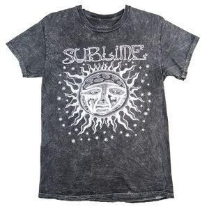 Sublime Womens TShirt Black Sun Face Graphic Acid Wash 90s Band Tee Grunge Sz Sm